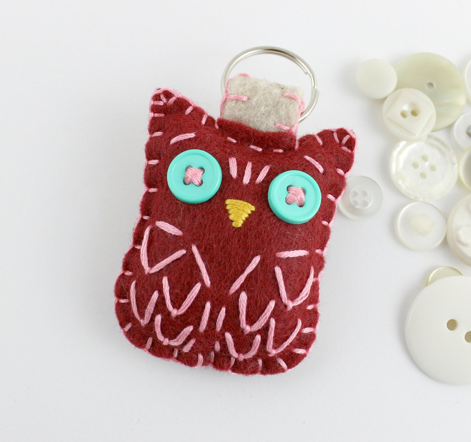 Felt Owl Keychain Dark Red Pink Aqua Embroidery Plush Cute Ready to Ship