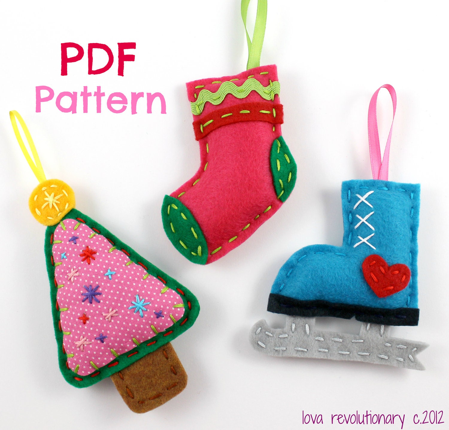 PDF Pattern Felt Christmas Ornaments Xmas Tree Stocking Iceskate Series 1 Hand Sewing Embroidery Cute Felt