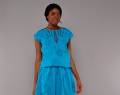 Vintage Turquoise Top & Skirt Set - Emboidered Flowers - Mesh Insets
