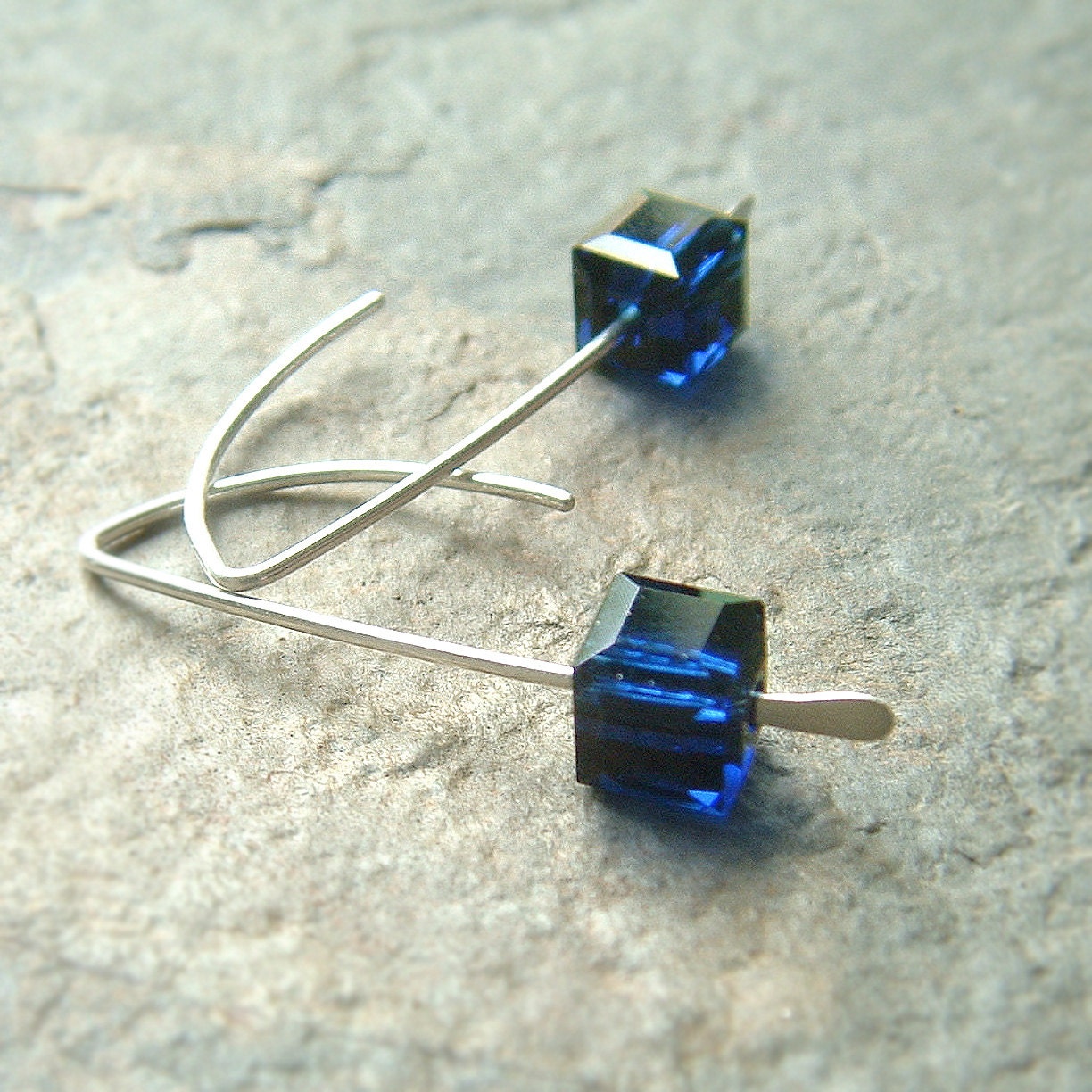 Sapphire Blue Earrings Crystal Cube Sterling Silver Geometric open hoops Minimalist Jewelry