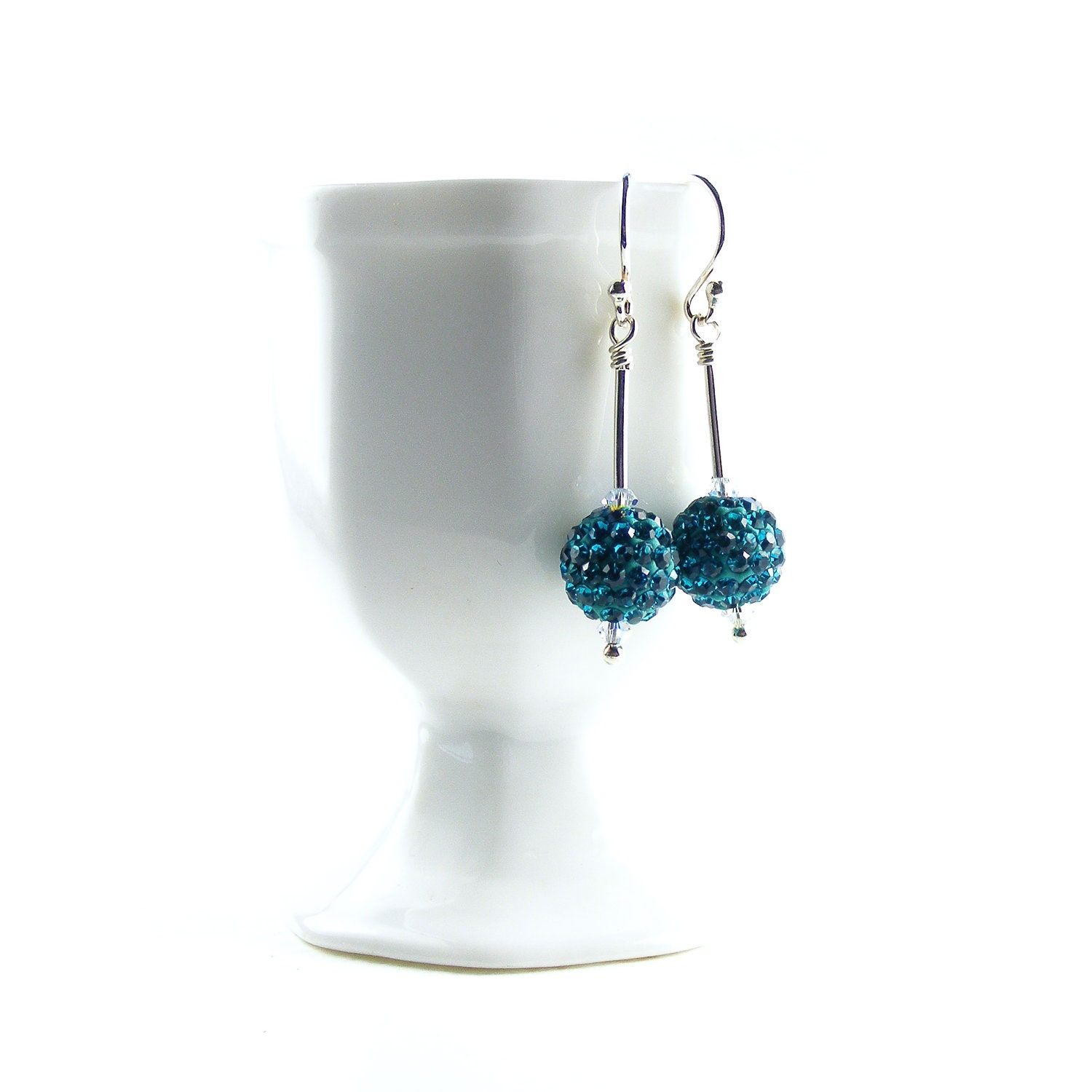 Teal Blue Crystal Drop Earrings, Handmade Blue Zircon Swarovski Crystal & Sterling Silver Dangle Earrings