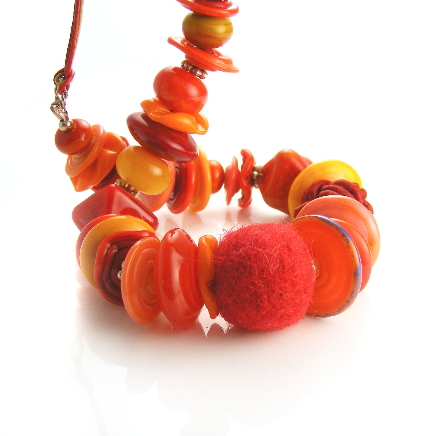 Nectarine Necklace, Handmade Chunky Beaded Necklace, Lampwork Glass Sterling Silver & Leather, OOAK Necklace