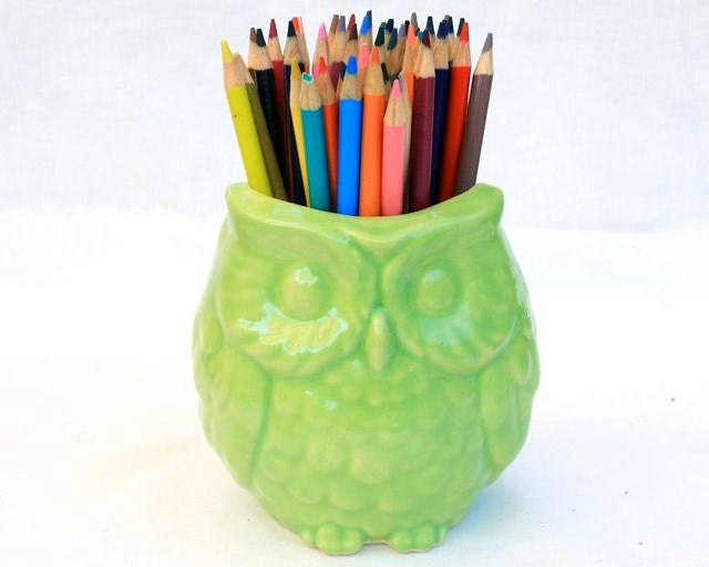 Owl Vase in Stoneware with Lime Green Glaze