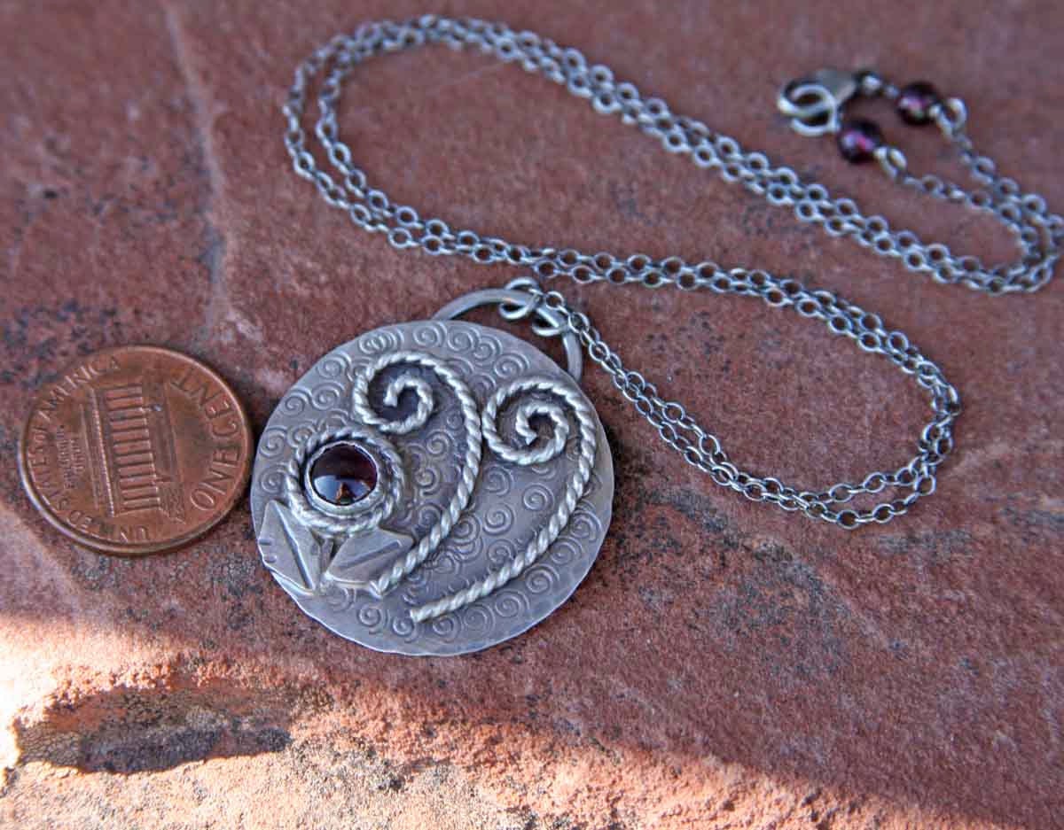 Sterling Silver Fiddlehead Fern and Garnet Flower Necklace