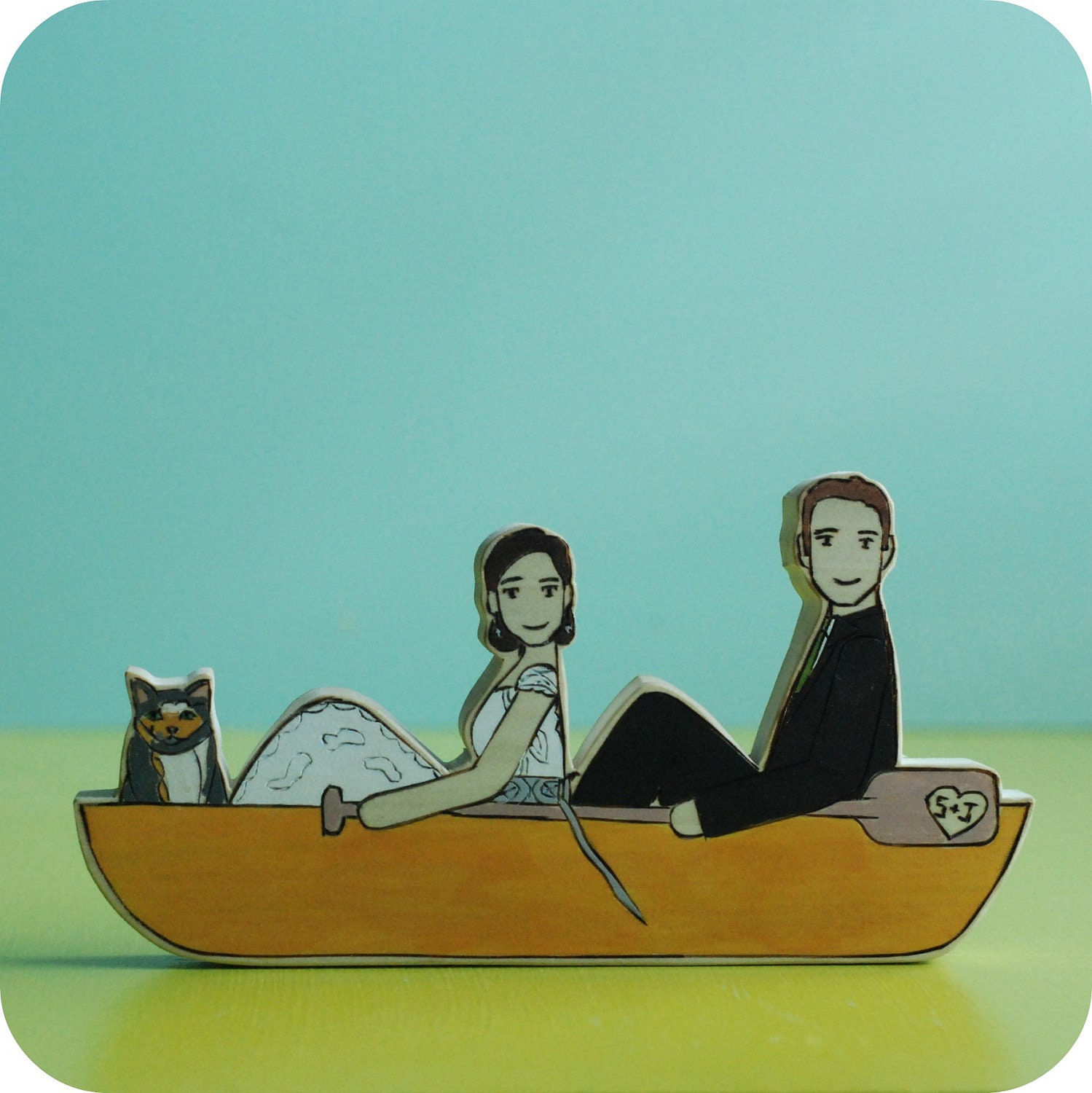 Custom Wedding Cake Topper Couple in  Canoe or Kayak with One Pet