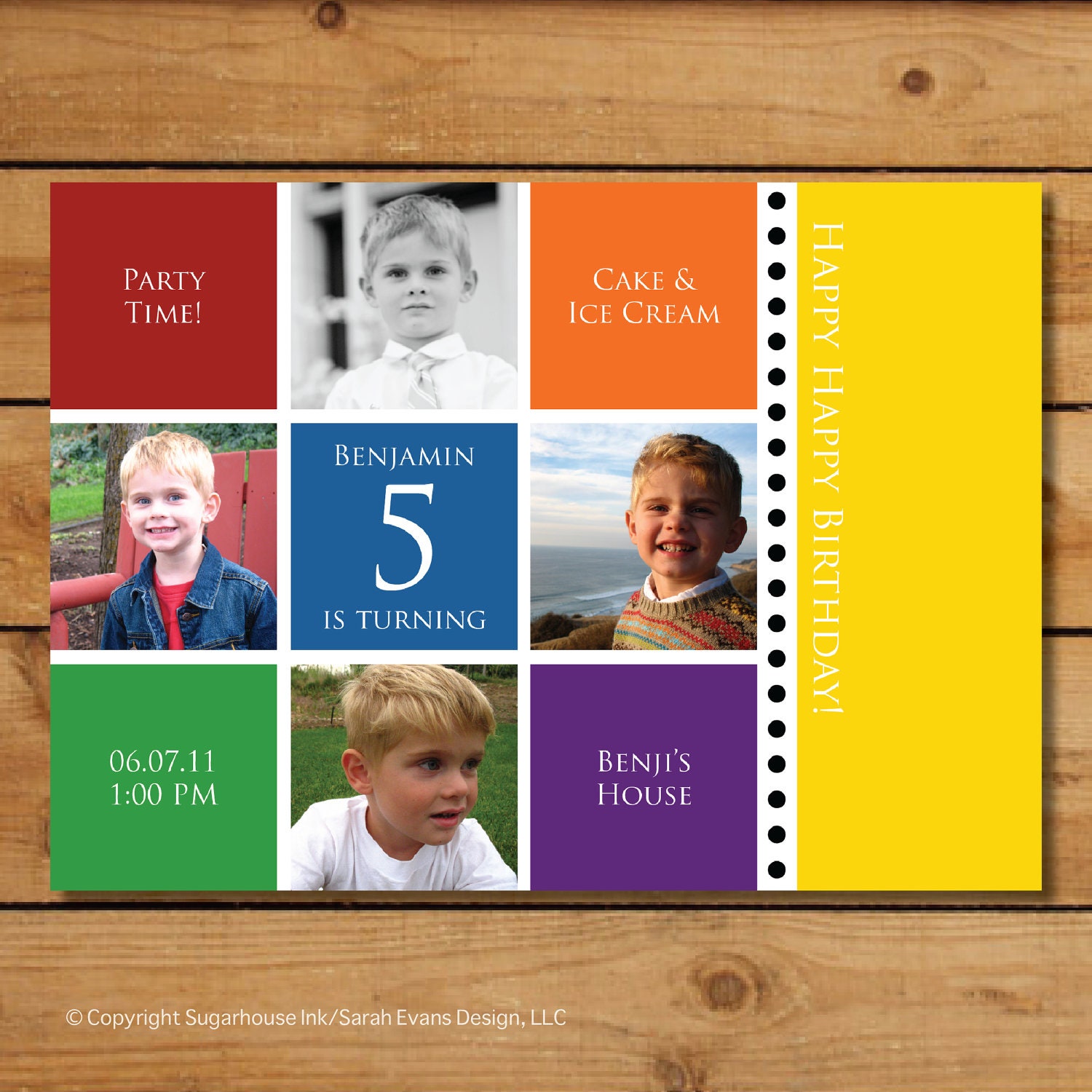 Rainbow Birthday Invitation with Photos - Color Blocks and Dots