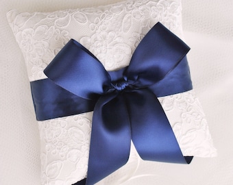 Navy and Ivory Alencon Lace Ring Bearer Pillow with Satin Bow
