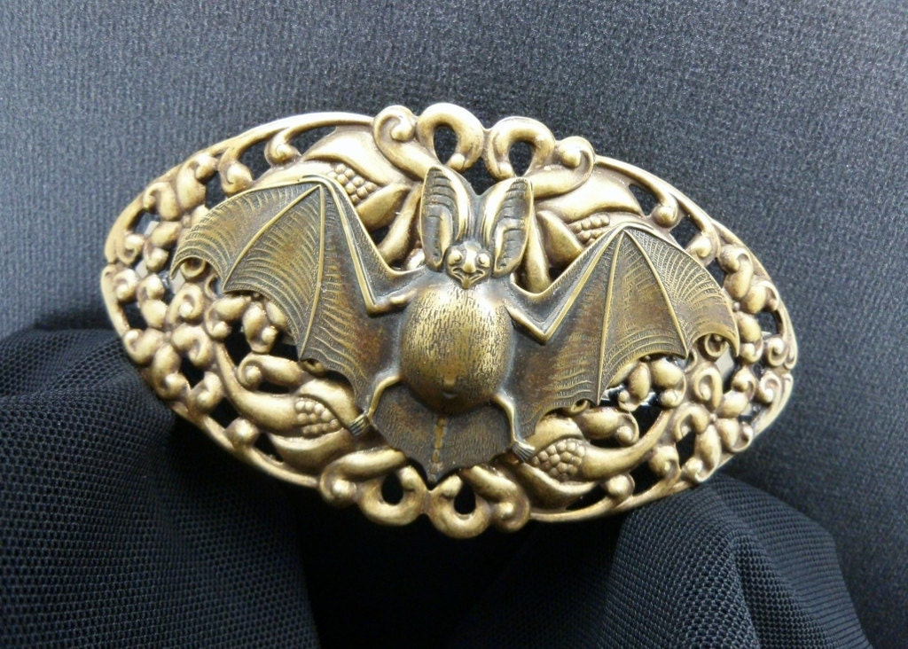 Goth Bat Hair Barrette in Antiqued Brass