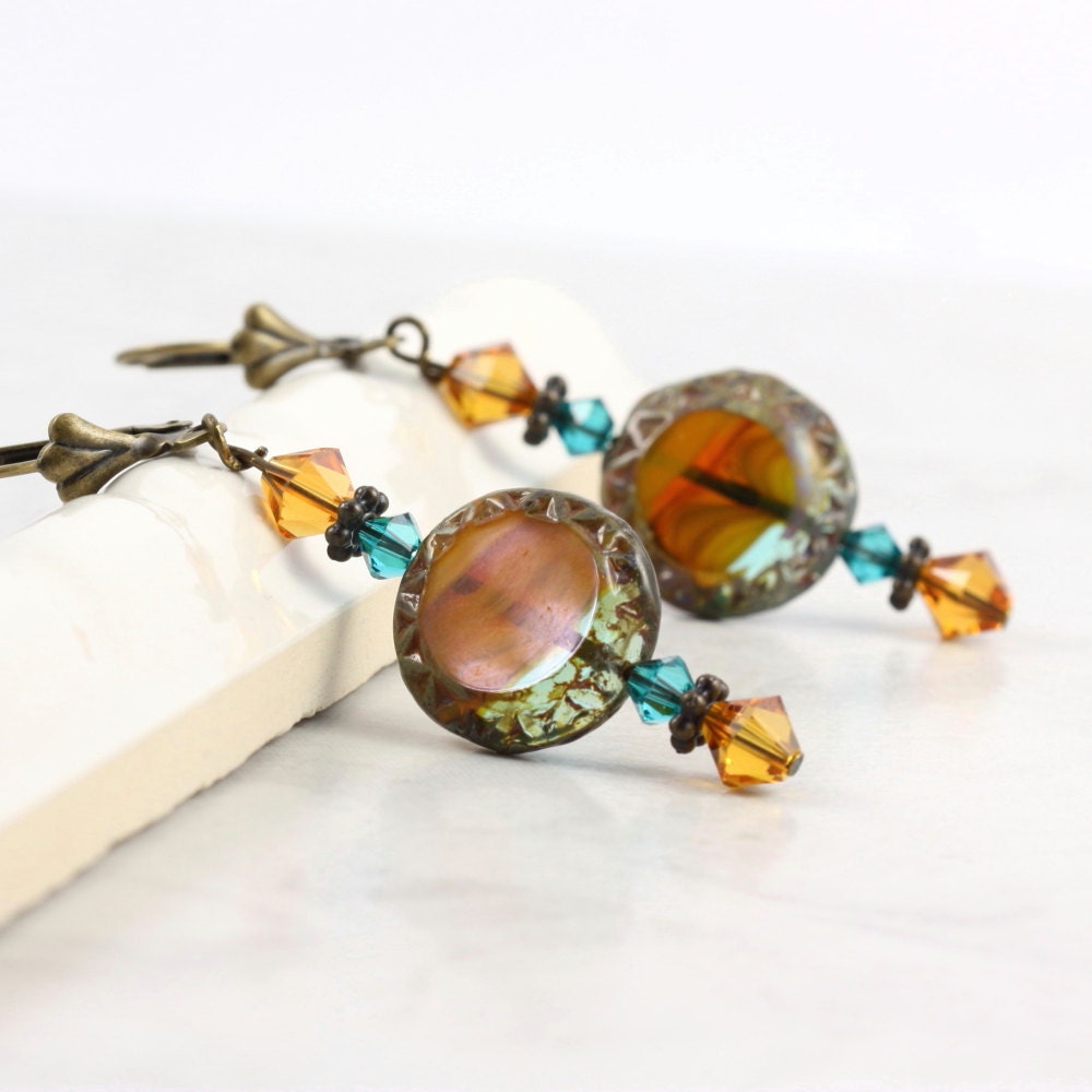 Tribal Boho Jewelry Earrings Topaz Blue Zircon Crystal Bronze Ear Wires