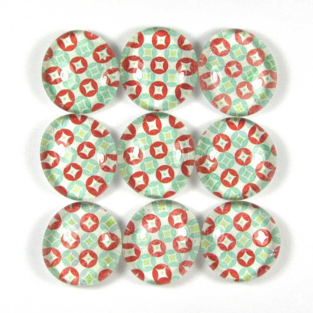 Fridge Marble Magnets or Push Pins Set- Red and Teal Geometric Diamonds in Circles - sideproject