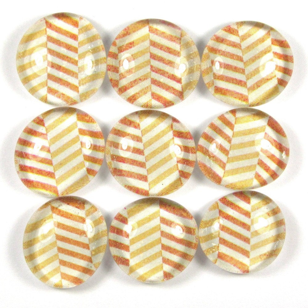Glass Marble Magnets or Push Pins Set - Herringbone Chevron in Orange