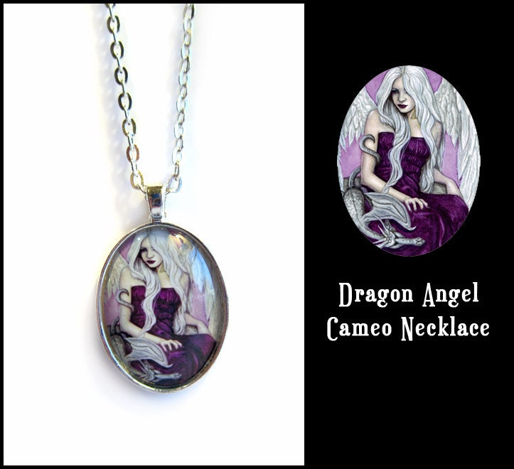 Dragon Angel Purple Fantasy Art Cameo Necklace Chain Pendant