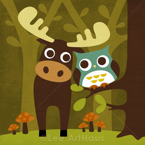 230R Retro Moose and Owl Friends 6x6 Print