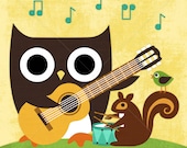 232B Bright Owl and Squirrel Playing Music 6x6 Print