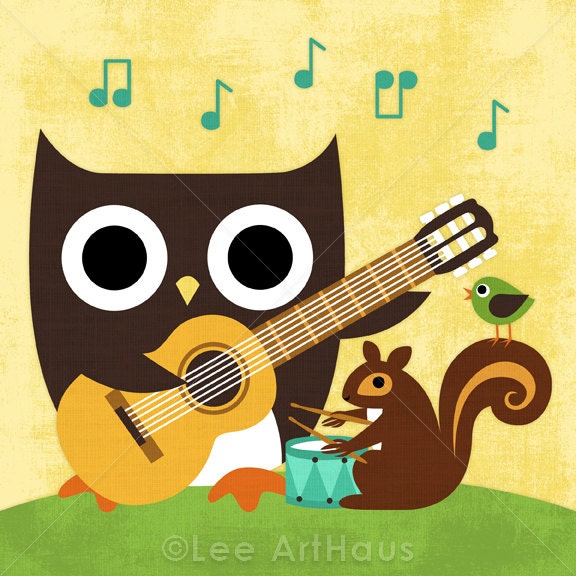 232B Bright Owl and Squirrel Playing Music 6x6 Print