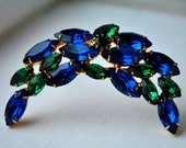 Crescent Rhinestone Blue and Green Brooch