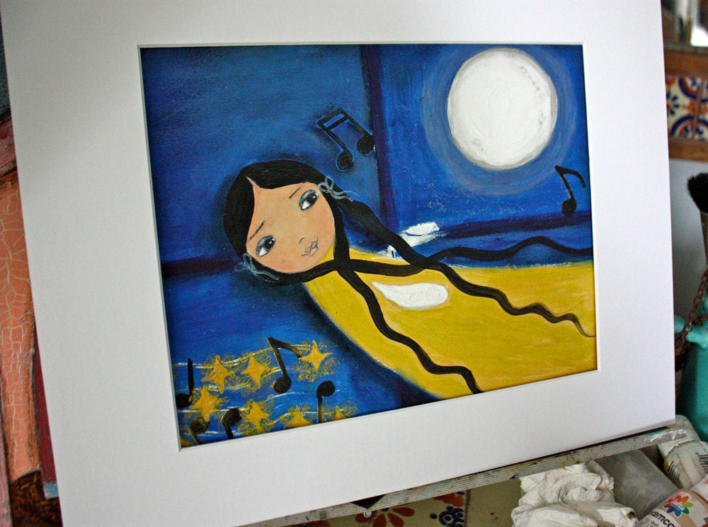 Night Fairy -  Original Mixed Media Painting on Paper Folk art by FLOR LARIOS ( 8 x 10 Inches))