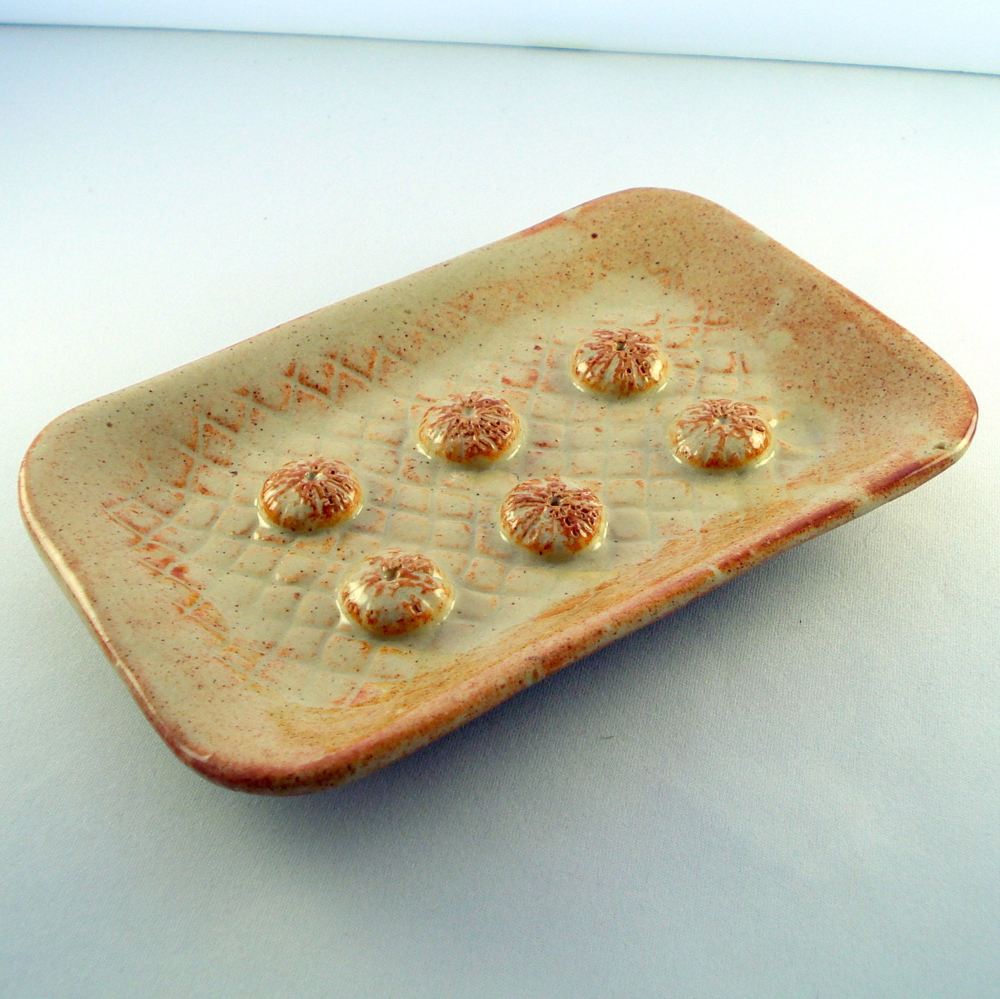 Soap dish with sea urchins in shino glaze