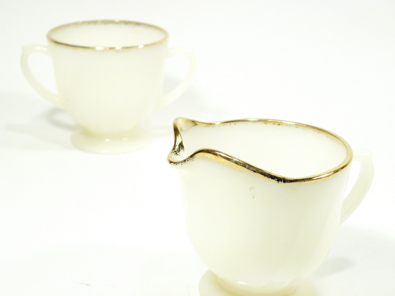 gold rimmed cream and sugar set . vintage Fireking 24K . 1950s 1960s footed pedestal Anniversary style