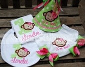 Lime and Pink Mod Monkey First Birthday Hat Bodysuit Bib Bloomers 4 Piece Set