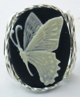 R470 Butterfly Cameo Ring Sterling Silver Fine Jewelry Black