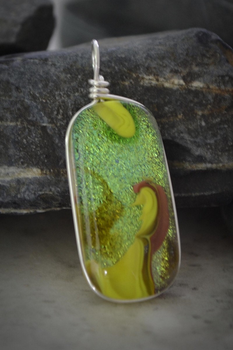 Dichroic Fused Glass Pendant - yellow and lime green fused glass jewelry (by Meagan Chaney Gumpert)
