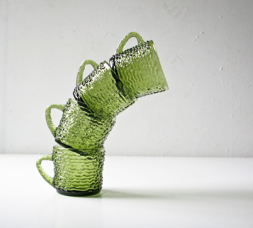 4 Green Glass Cups - Bark Design -  Coffee Tea Mugs - BeeJayKay