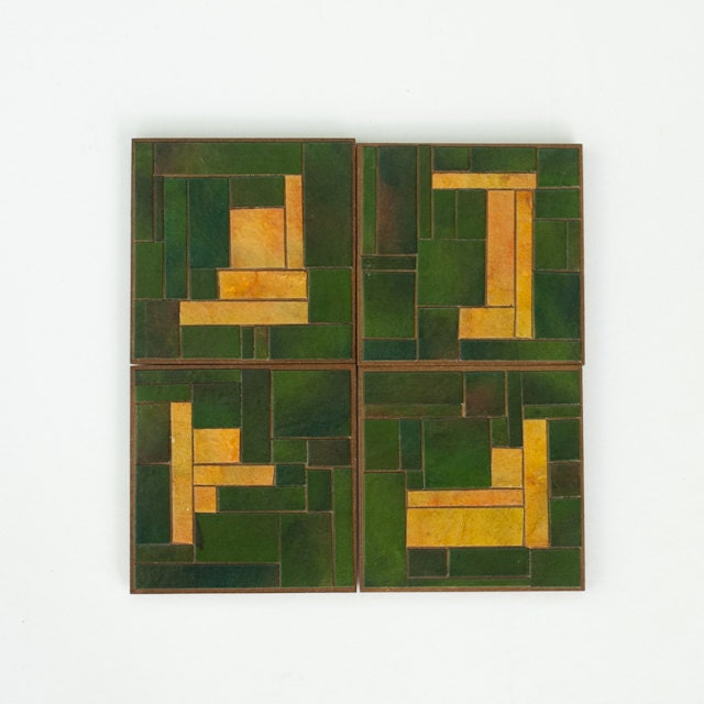 Handmade Paper Abstract Geometric Mosaic Coasters Green Gold