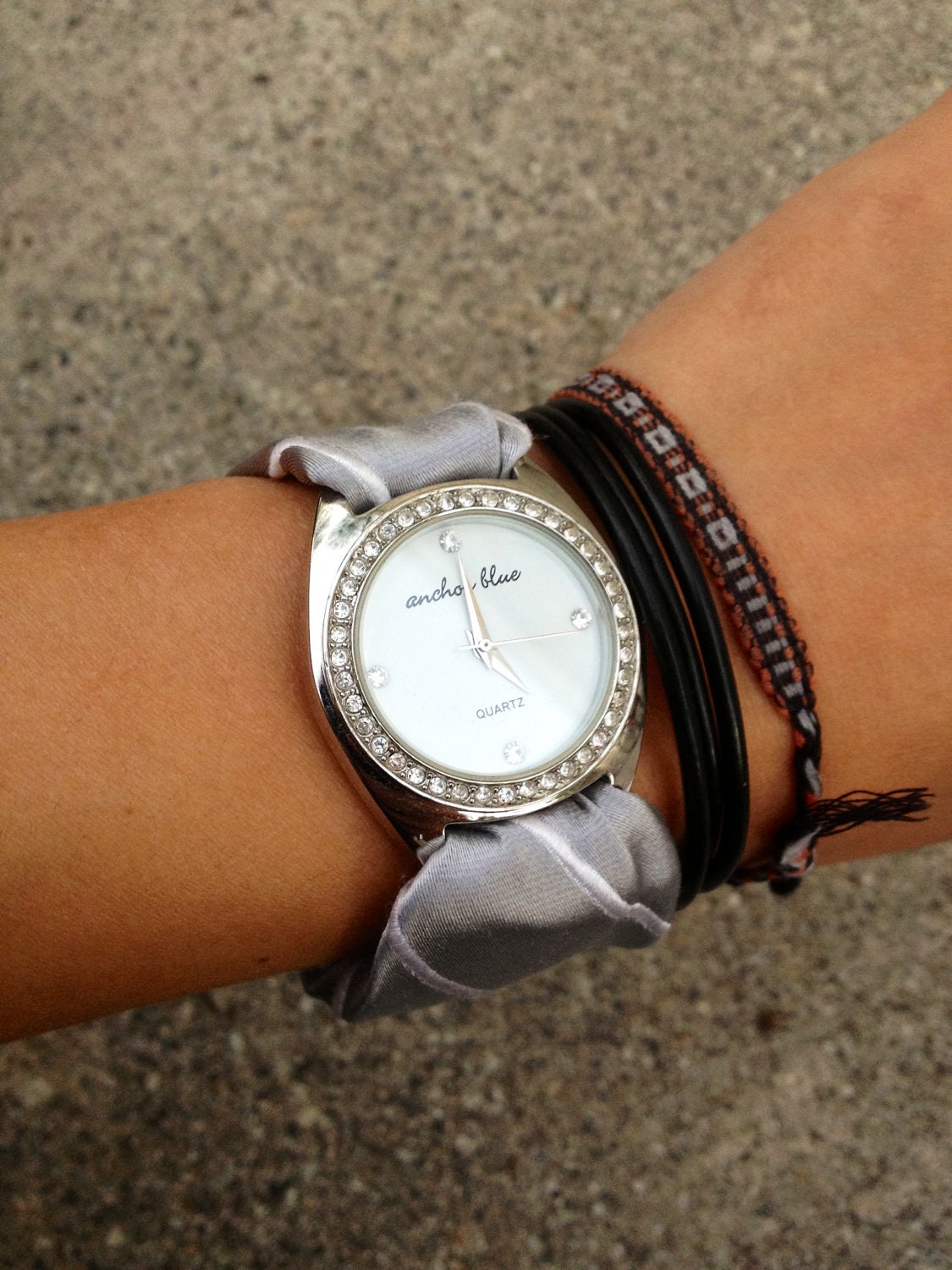 Silver Striped Necktie Wrist Watch with Bling
