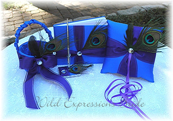 Custom Listing for Kaitlyn  Wedding Set  Ring Bearer Pillow Flower Girl Basket Guest Book Pen Set Peacock Feathers  CUSTOMIZE
