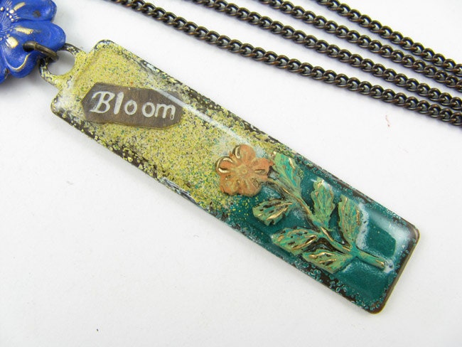 Blue Flower BLOOM necklace, Hand painted pendant, Long brass Chain Necklace