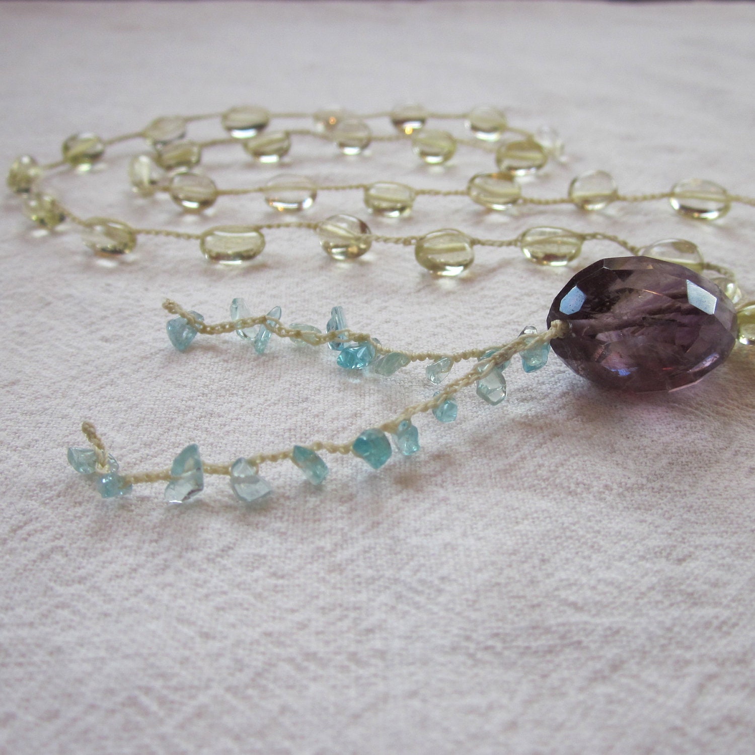 Crocheted Amethyst, Lemon Quartz, and Apatite Tunic Necklace