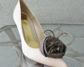Gray Satin Rose And Feather Shoe Clips Set Of Two
