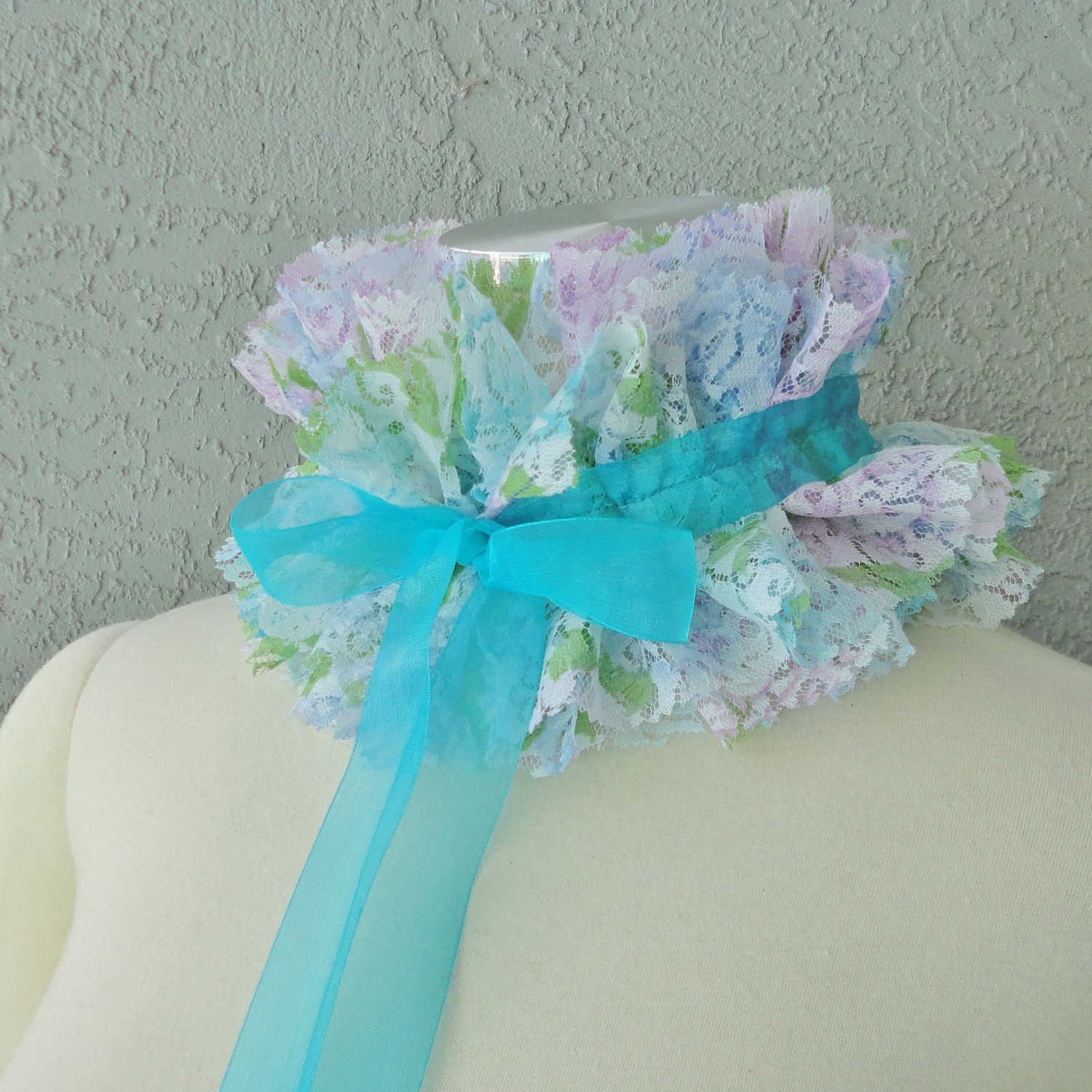 Victorian Inspired Floral Printed Lace And Ribbon Ruffle Collar Necklace Cowl Statement Piece
