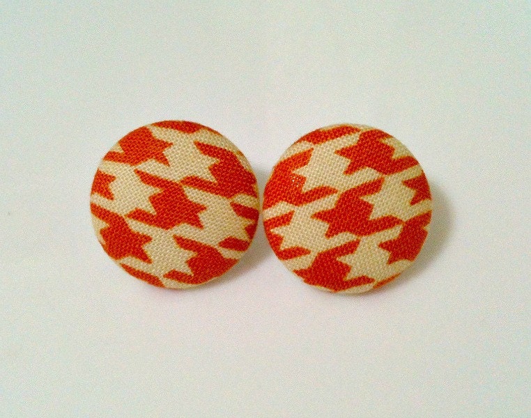 orange houndstooth - fabric button earrings