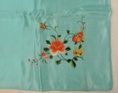 vintage SCARF Silk Satin Embroydered ROSE Robin egg Blue  27 x 27