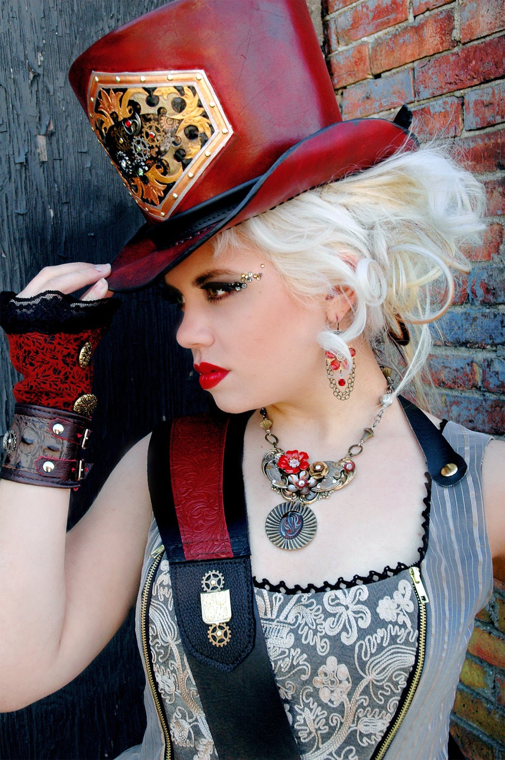 Steampunk Necklace - Brass Steampunk Necklace with Enamel Flowers in Red Gold and Silver - Firebird Omen Steampunk Flower Necklace
