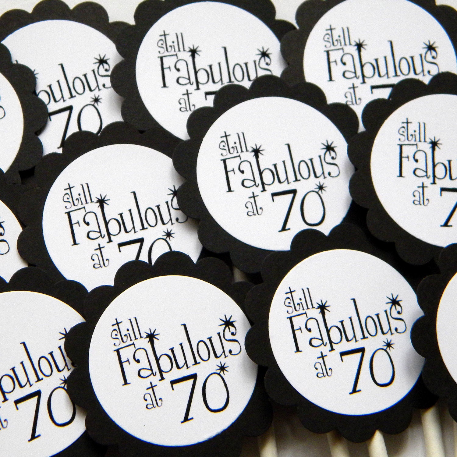 70th Birthday Cupcake Toppers - Still Fabulous at 70, Black and White, Set of 12 Il_570xn