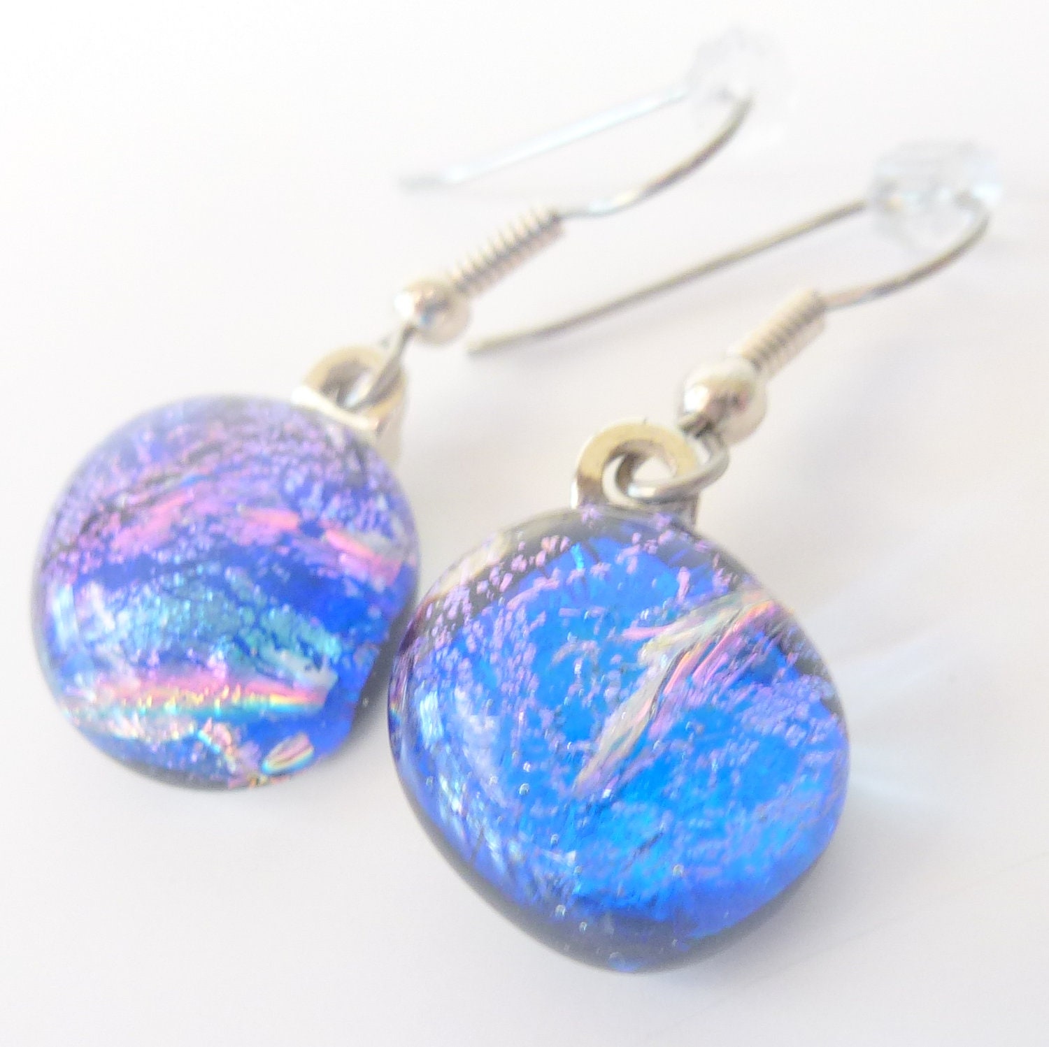 Dichroic earrings - blue pink and purple on a black base // dichro earrings - black // cobalt lavender rose black // fused glass earrings