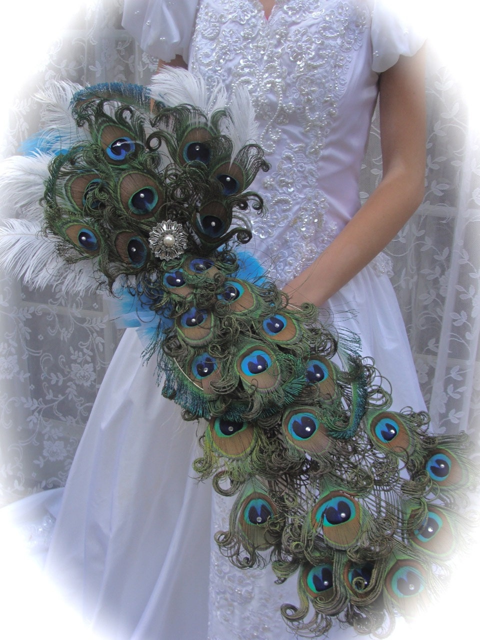 CUSTOM Peacock Feather Cascade Bridal Bouquet  in your choice of colors
