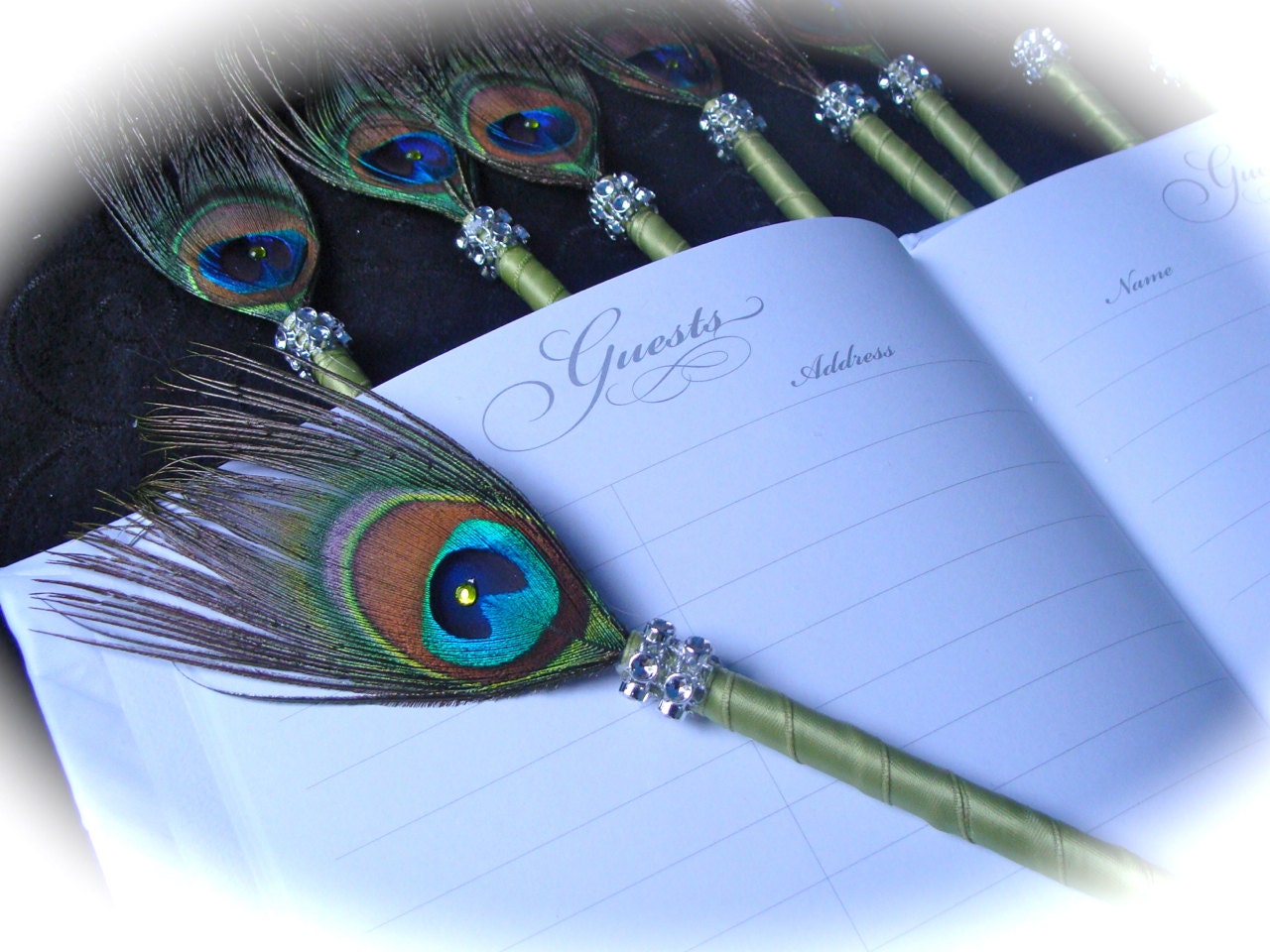 25 PEACOCK Feather Pen Favors with BLING in Your Choice of Colors - 50% DEPOSIT Listing