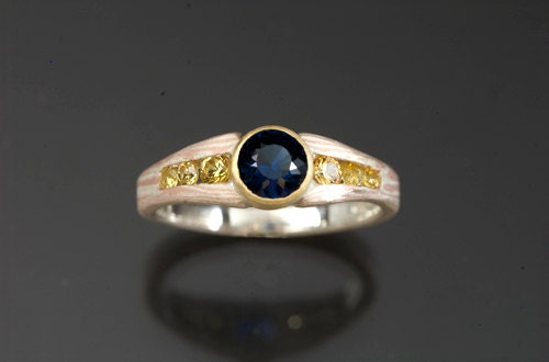 Mokumé Gane Natural Blue and Yellow Sapphires Ring