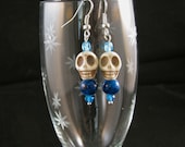 Stone Skull with cyan lampwork bead and Swarovsky crystals sterling dangle earrings