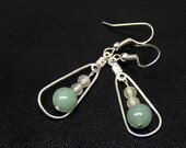 Aventurine and Jade silver teardrop hoop earrings - Semi Precious - Semiprecious - Adventurine, Indian Jade, New Jade, - Ships Immediately