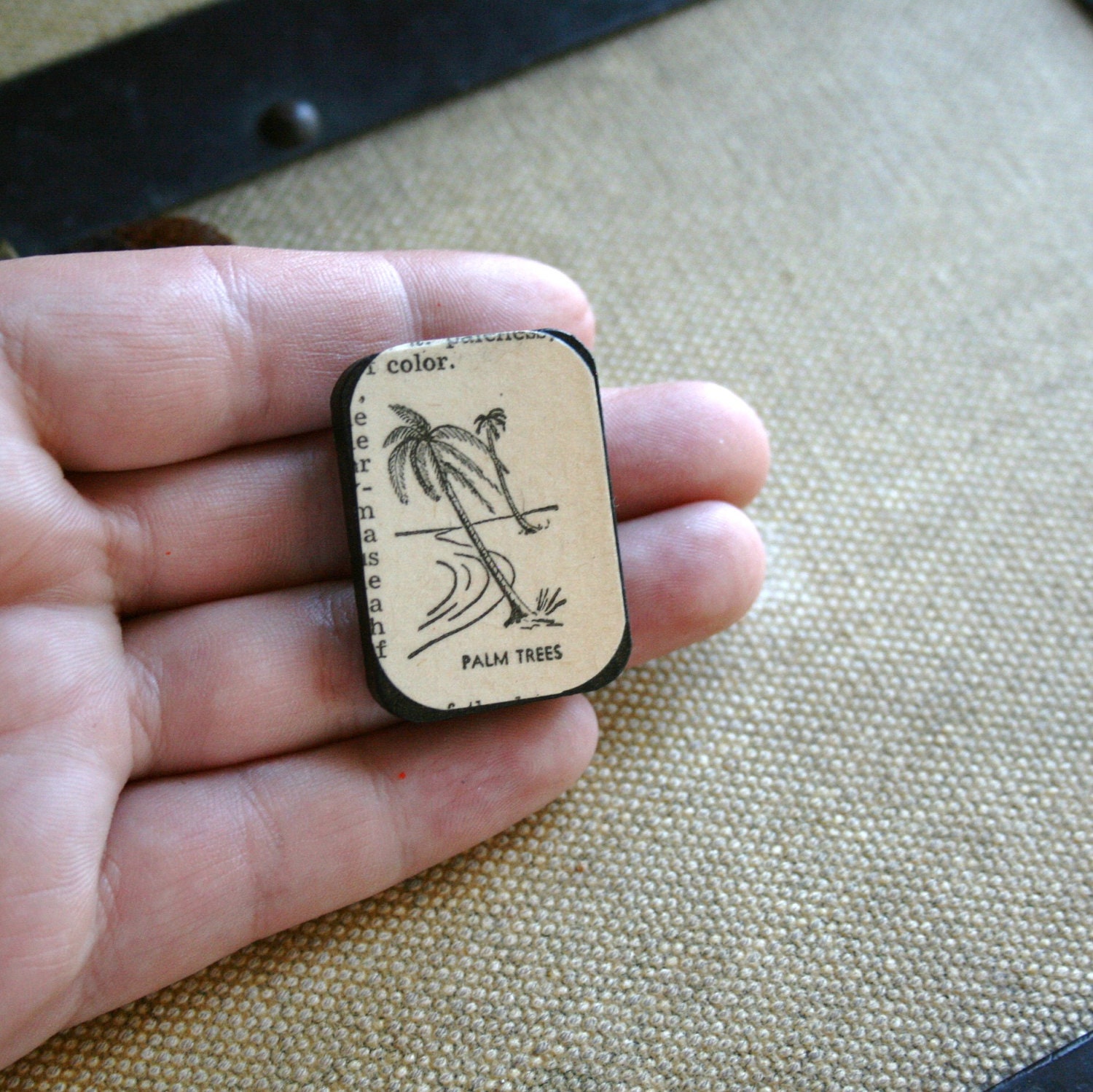 Palm Trees - A Pinback Button - Made from a Vintage Dictionary Page - One-Of-A-Kind
