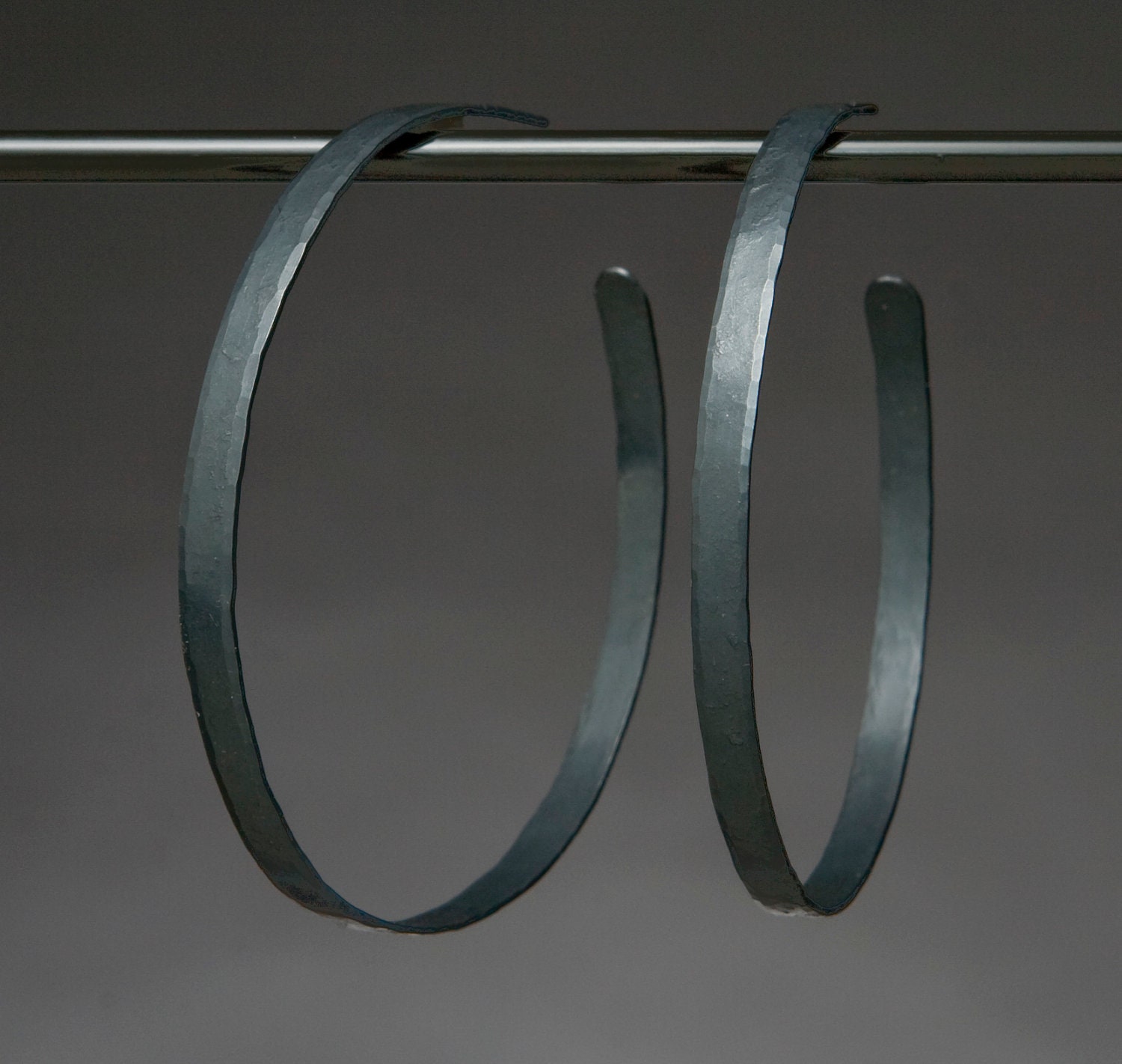 Large Wide Hammered Hoop Earrings- Blackened Solid Sterling Silver