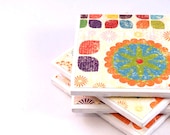 Rainbow Tile Coasters - Distressed Flowers - Set of 4 Tile Coasters