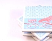 Bird Coaster Set - Pink and Blue - Set of 4 Ceramic Tile Coasters (SALE)