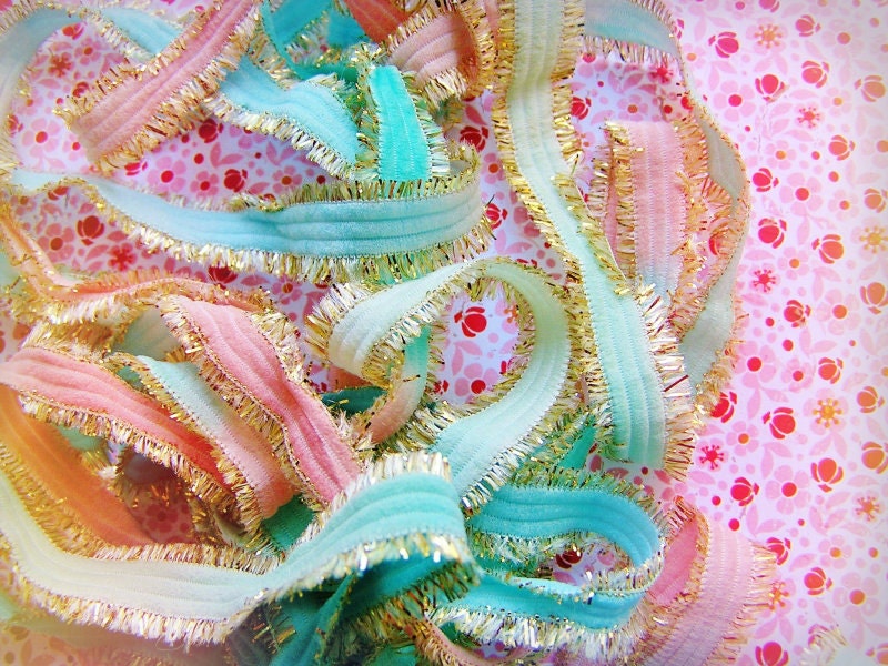 Blush Pink, Aqua and Gold Glitz Tinsel Ribbon trim - sparkle, glitter, luxe wedding, holiday, craft, supply - 3 yds