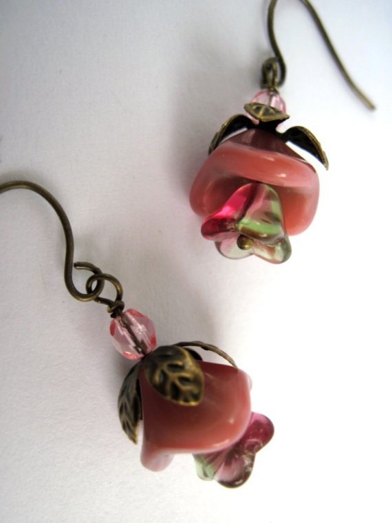 Fushia Antiqued Flowers - Earrings